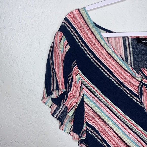 Gigio UMGEE Striped V-Neck Ruffled Romper Front Tie Side Pockets size Medium - Picture 6 of 15
